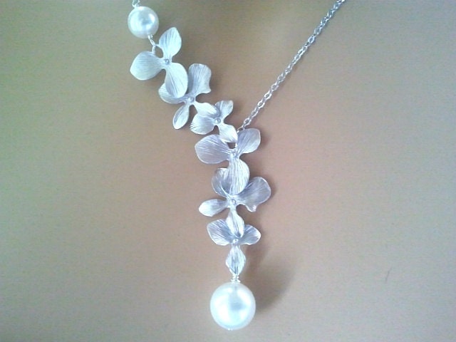 Orchids wedding Necklace, Flowers Pendant, necklace, charm,  wedding necklace, bridal gift, wedding jewelry,Lariat,mother's day gift