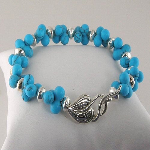 Turquoise Howlite Sterling Silver Bead Bracelet, Sterling Silver Leaf Clasp