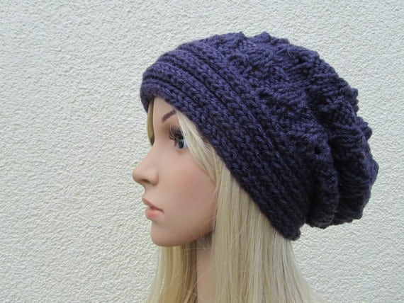 Purple Hand Knit Hat, Slouchy Beret Hat in Purple, Purple  Hat