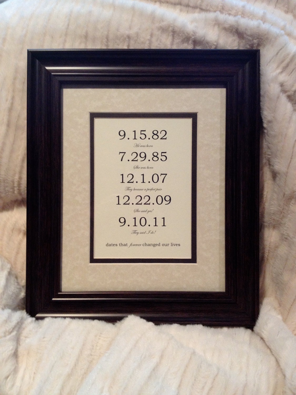 Framed & Matted Custom Date Art Print - Personalized Anniversary Engagement or Wedding Present. Custom Family - Special Dates.  8x10 inch.
