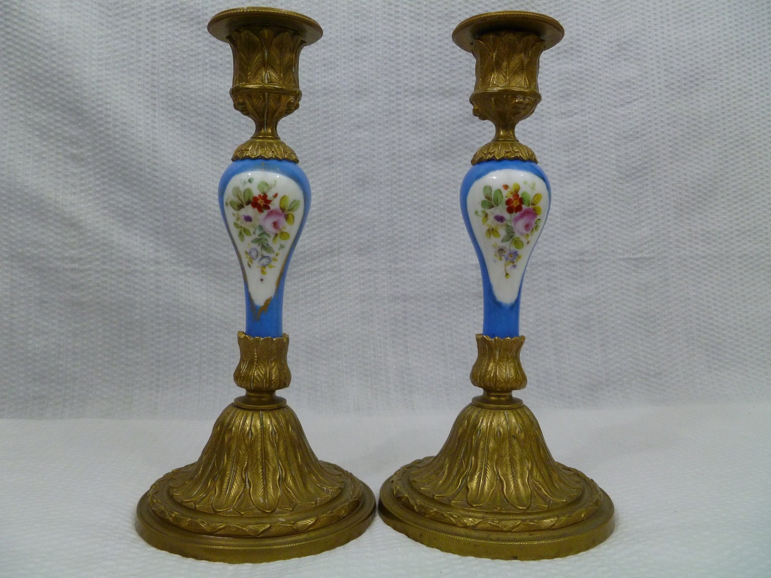 Vintage Antique French Brass Candlesticks with Hand Painted Porcelain Centers