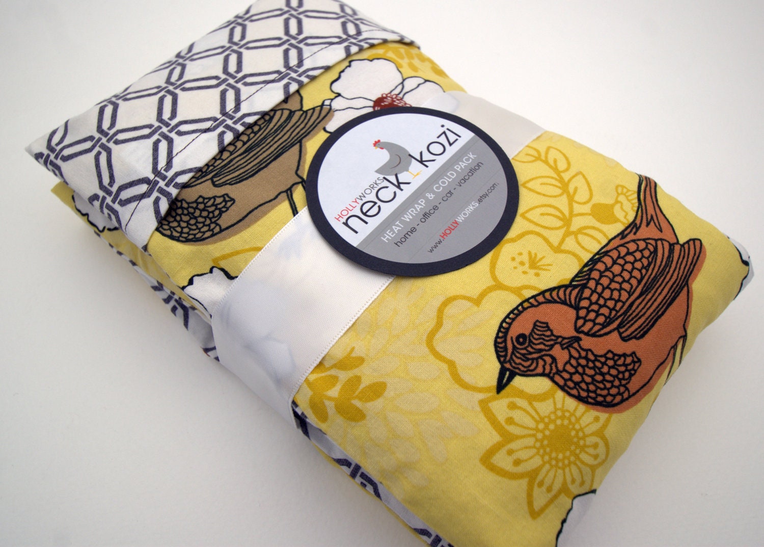 Neck Kozi "Chirp" - Hot Cold Therapy bag with removable cover. Microwavable corn bag. Yellow Grey Brown Bird