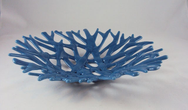 French Blue glass 'coral' bowl sculpture