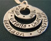 Mother, Grandmother, Nana Custom Made Solid Sterling Silver 3, Three Layer Personalized Hand Stamped Family Name Necklace On Washer