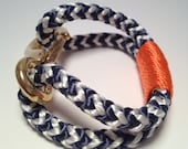 Blue & White Nautical Rope Bracelet with Orange Wrap and a Bronze Clasp