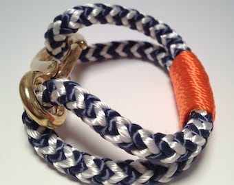 Blue & White Nautical Rope Bracelet with Orange Wrap and a Bronze Clasp