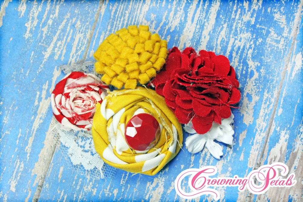 Mustard Yellow, Red, White Fabric Flower Headband, Hair Bow, Baby Girl Hair Accessories, Fabric Flower Brooch, Baby Hair Clip