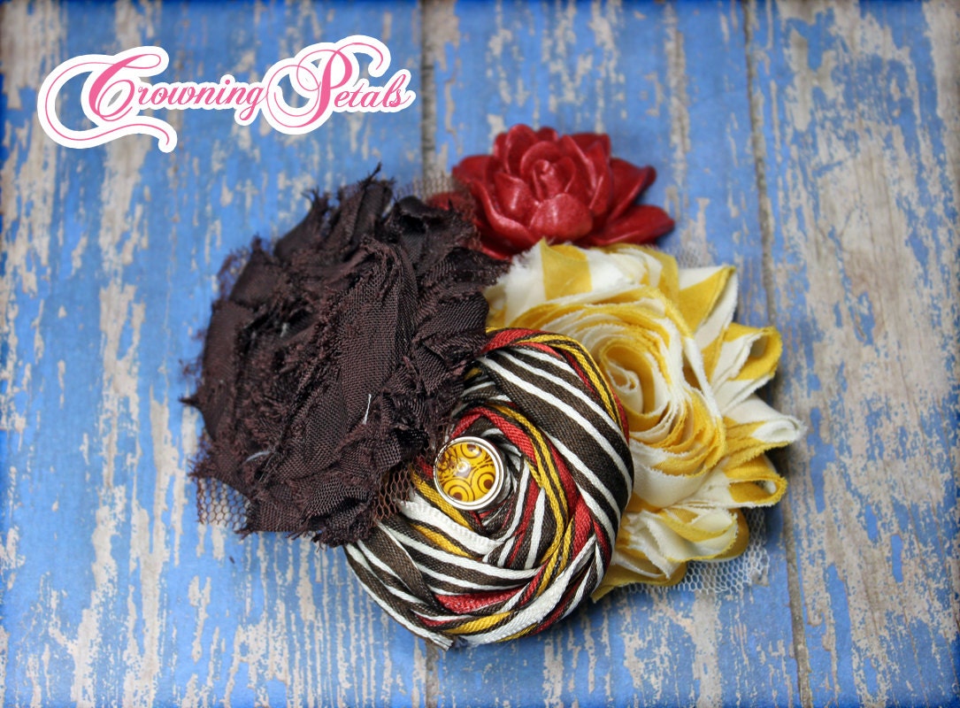 Mustard Yellow, Brown, Red Hair Bow, Fabric Flowers, Hair Accessories, Gold, Baby Headband, Fabric Flower Brooch, Flower Hair Clip