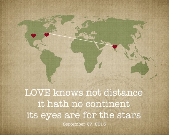 LOVE knows not Distance, Map Customized, Love Quote, Up To FIVE Hearts, Quote Art, Wall Art Typography Prints, 8x10 print