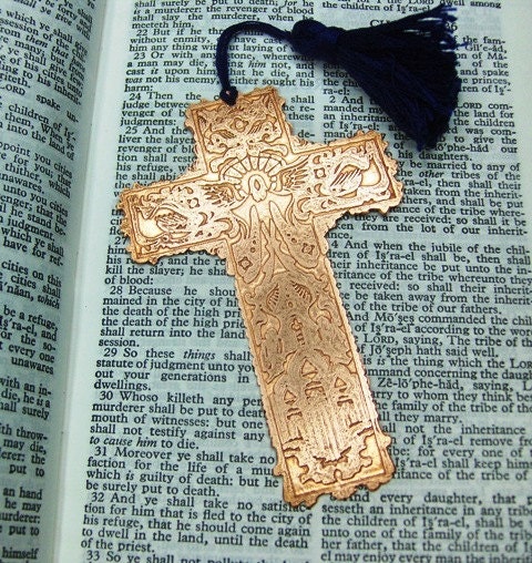 Bookmark Handcrafted Tassel Religious Etched Copper Cross