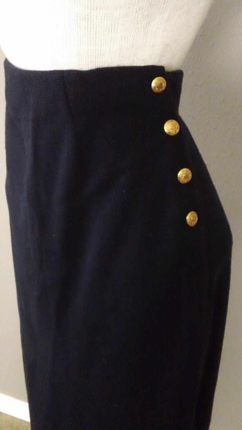 Vintage High Waisted Navy Wool Knit Ralph Lauren Pencil Skirt with Brass Button Side
