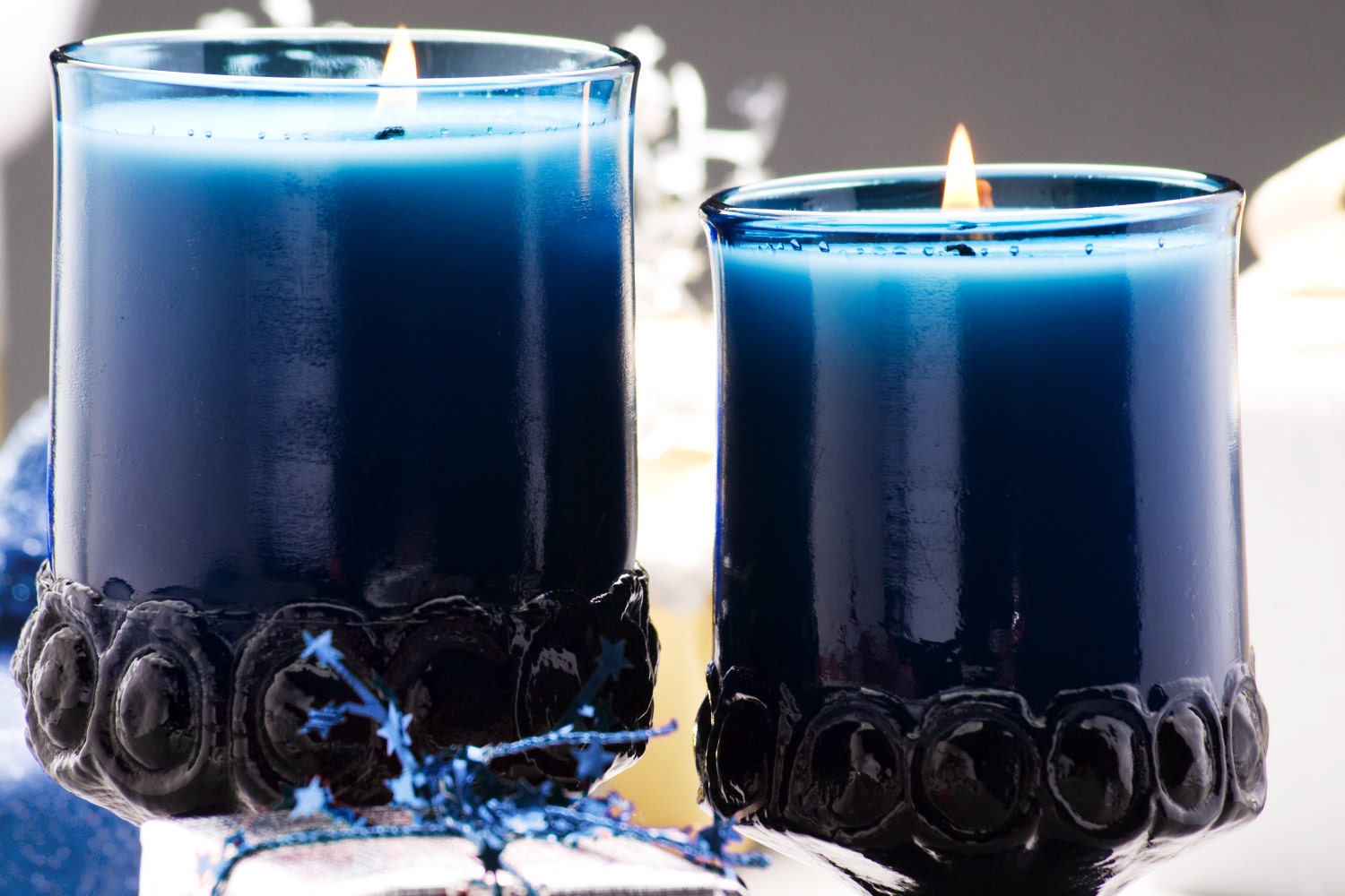 Vintage Blue Glass Soy Candle Blue Mambo Scent  Tiffin-Franciscan 5.5"