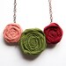 Rosette Necklace - Autumn Fashion Fiber Necklace - Maroon Pink Green Rolled Flowers, Statement Jewelry - Shabby Chic Chunky Necklace