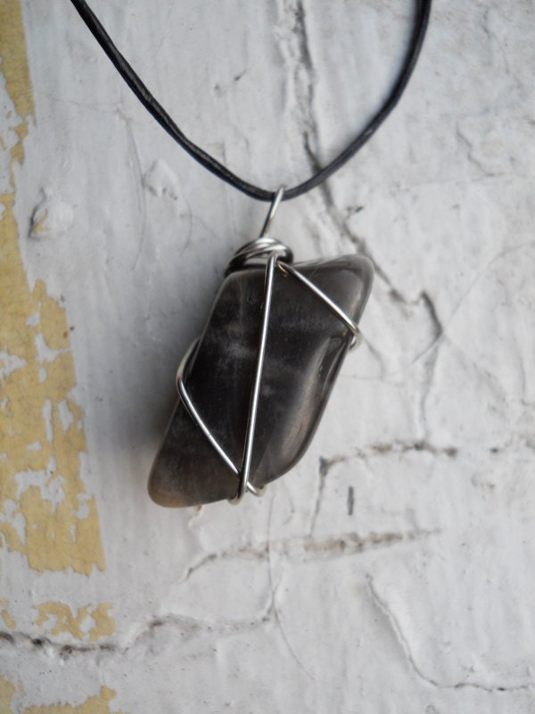 serafina. black moonstone necklace (wire-wrapped, leather, magick, witchy, pagan)