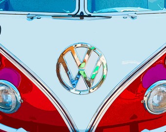Red And White Classic VW 21 Window Bus Poster Print Illustration Volkswagon