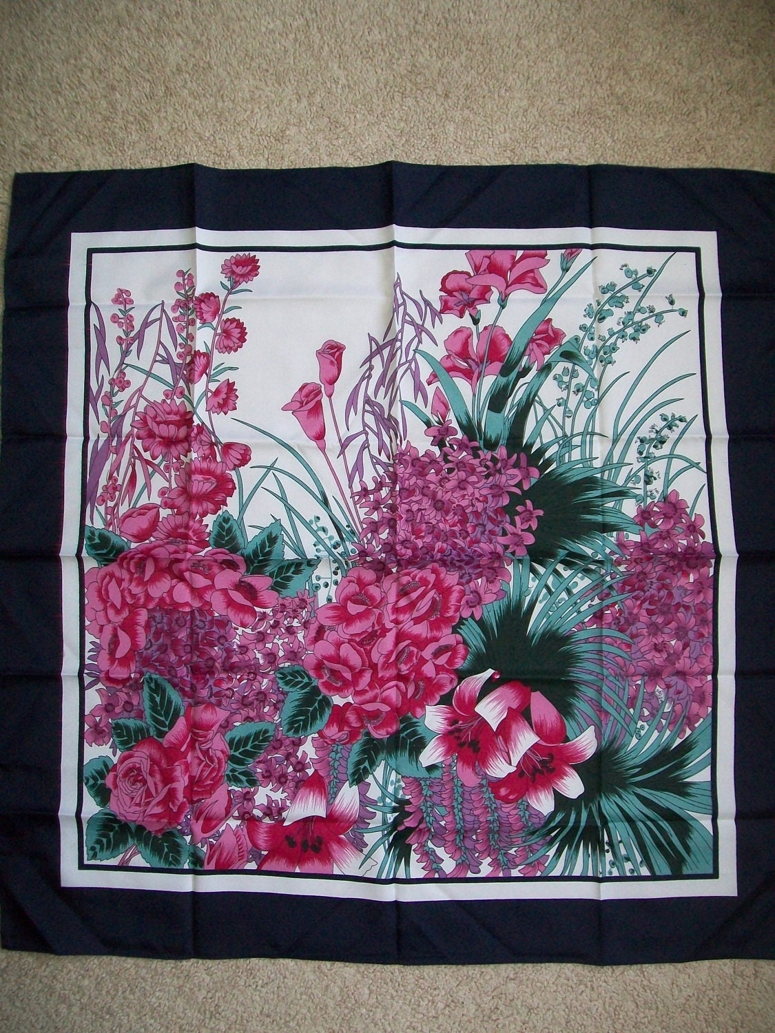 Vintage Square Scarf- Navy, pink and white