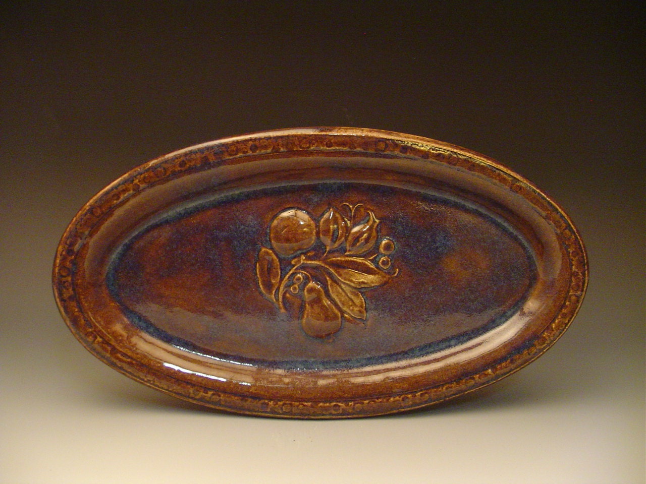 Deep Blue Stoneware Plate with Pear Motif Organic Botanical Natural Elegant Mother's Day