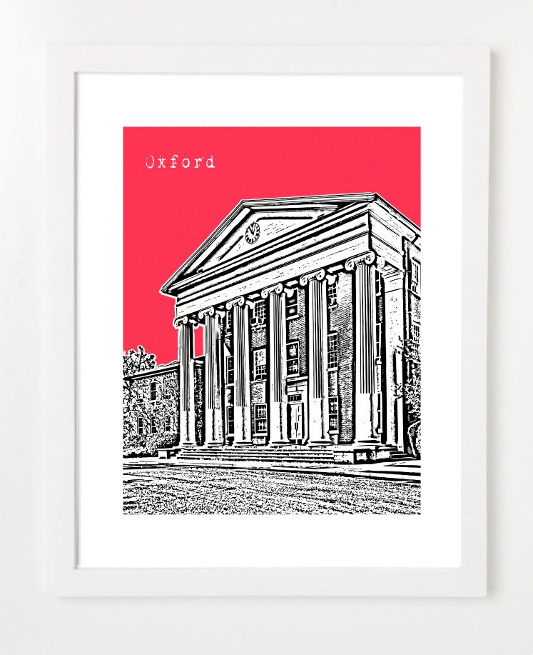 University of Mississippi Poster - City Skyline Art Print  - Ole Miss - Oxford, Mississippi - The Lyceum