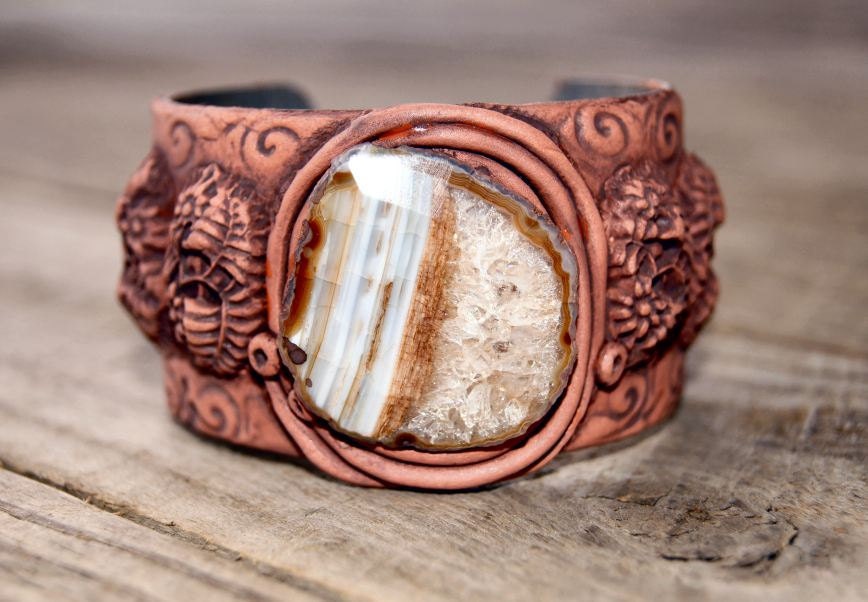 Sliced Agate and Earthen Clay Cuff Bracelet