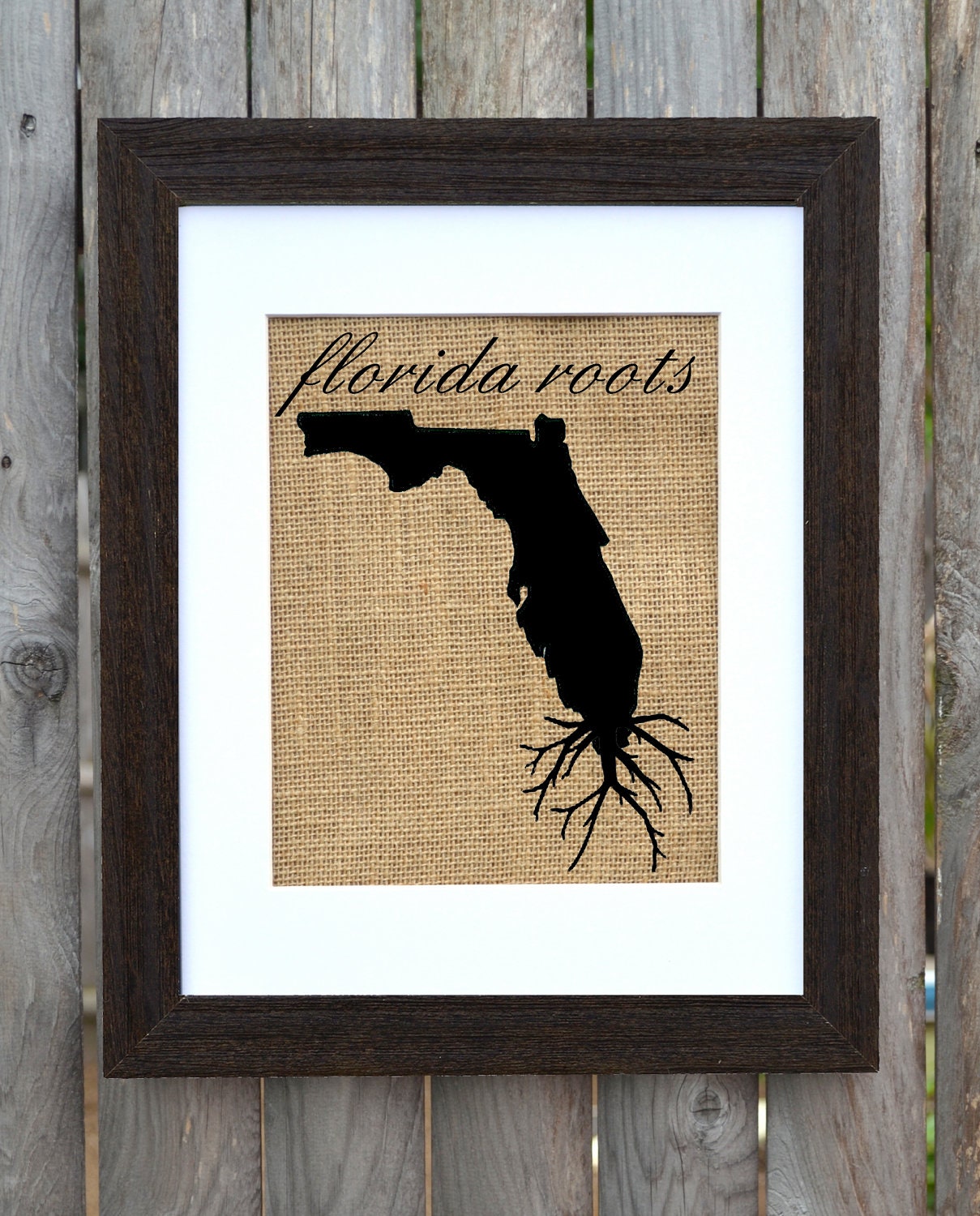 Florida Roots Wall Art. Custom Wall Art. Know your roots. Custom State Outline. Burlap Wall Art.