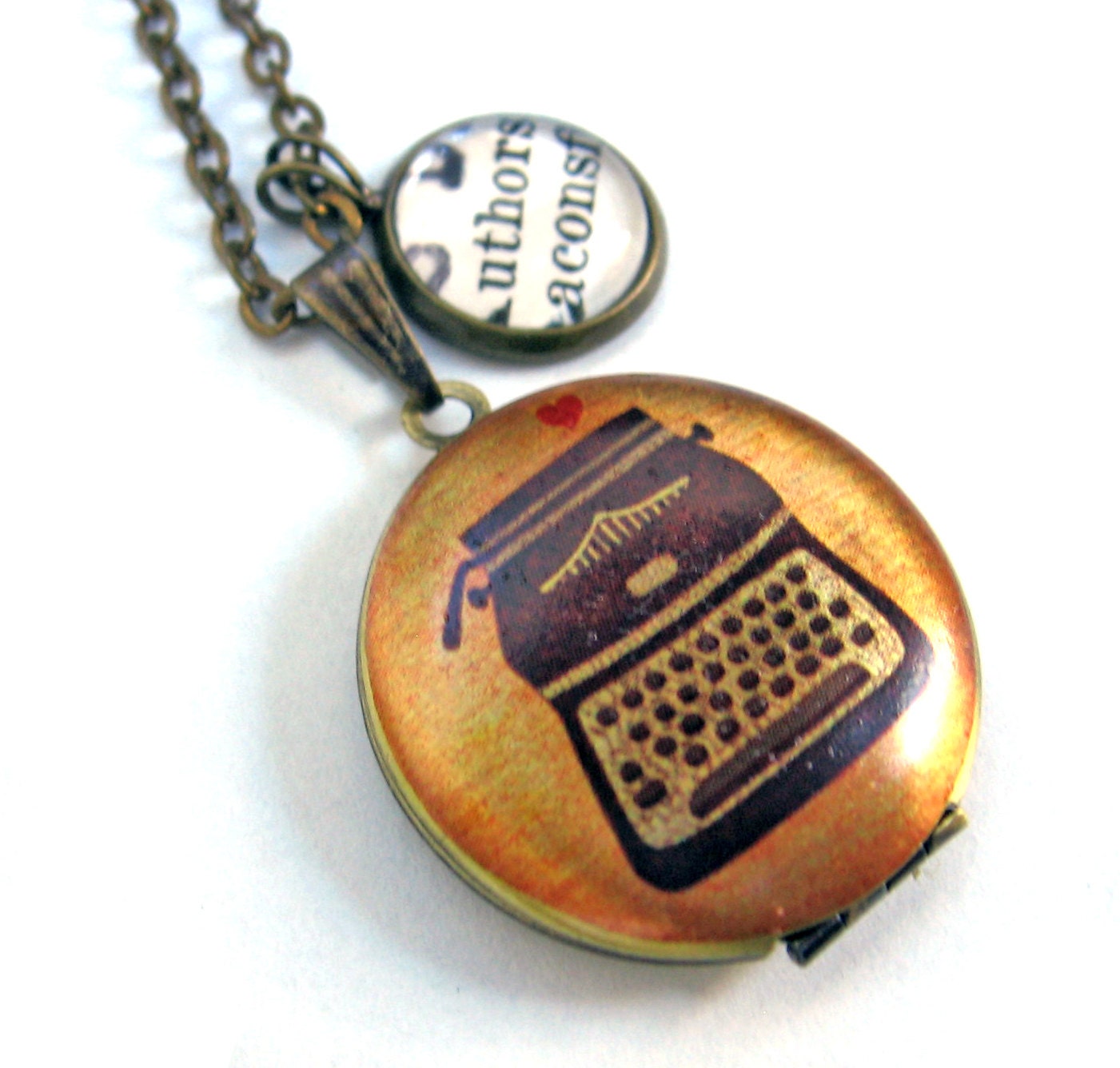 Typewriter Painted Locket Authors Love Writing Word Mini Pendant Brass Setting Library Card Necklace One of a Kind