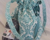 Knit Yarn Project Bag -- Knit Sock Drawstring KIP Carry Along Aqua Damask