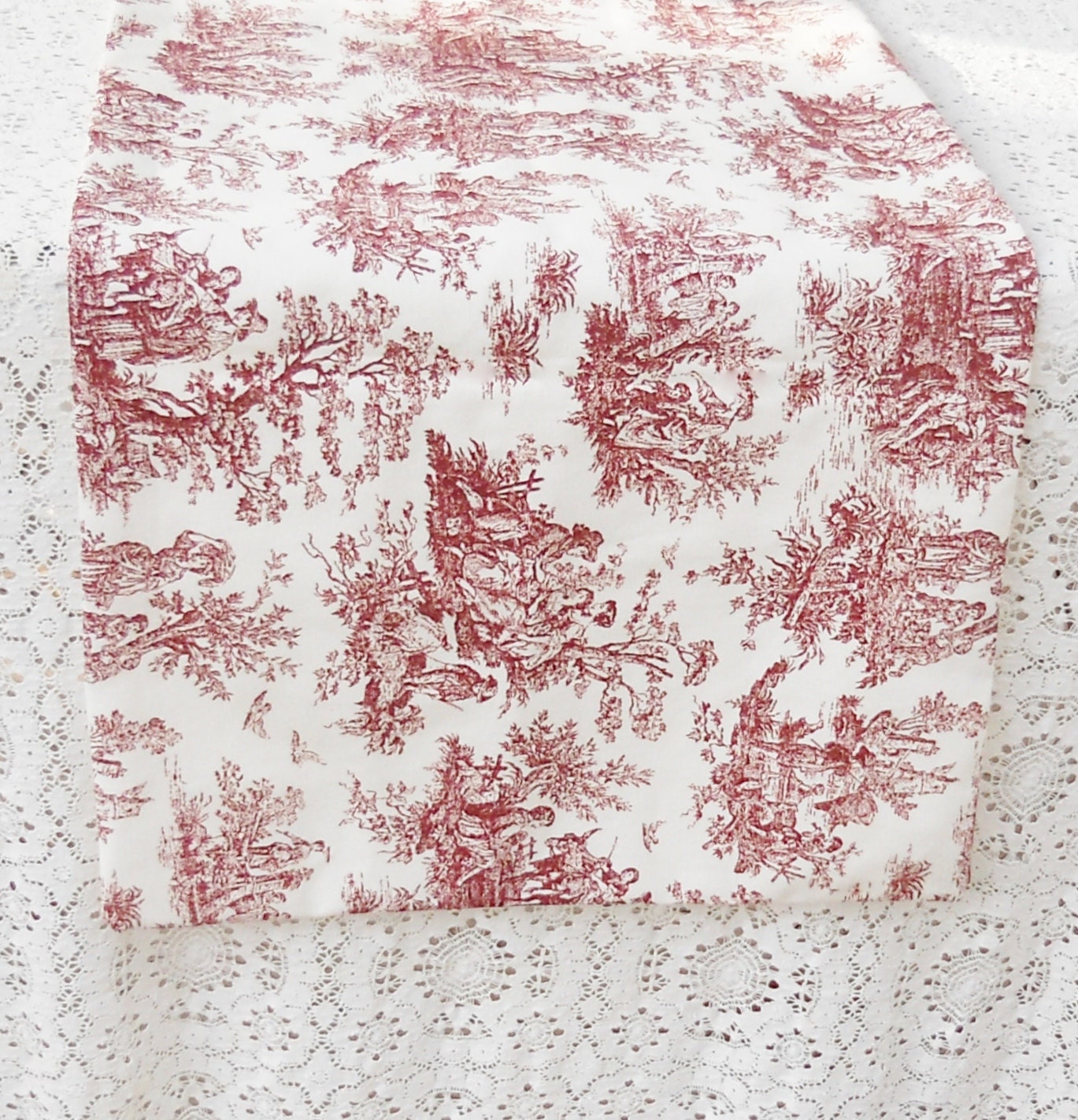 Cottage Decor/ Shabby Chic Red and White Toile Tablerunner
