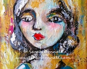 A3 Large Print Mixed Media Girl Painting Portrait Mixed Media Collage Wall Art Mustard Textured Glicee Modern Retro Art - Allowing Light