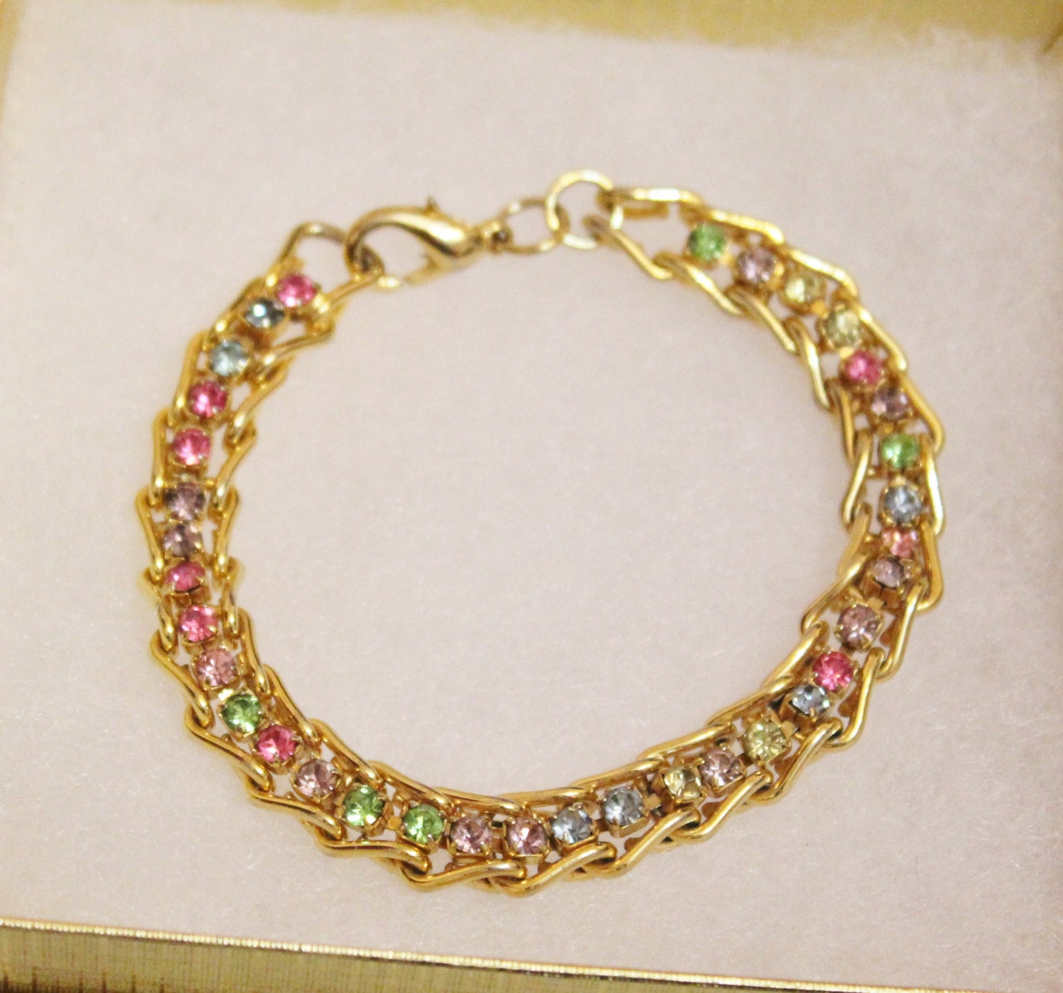 Vintage Gold Rhinestone Bracelet, Multicolor Bracelet , Gold Chain Bracelet