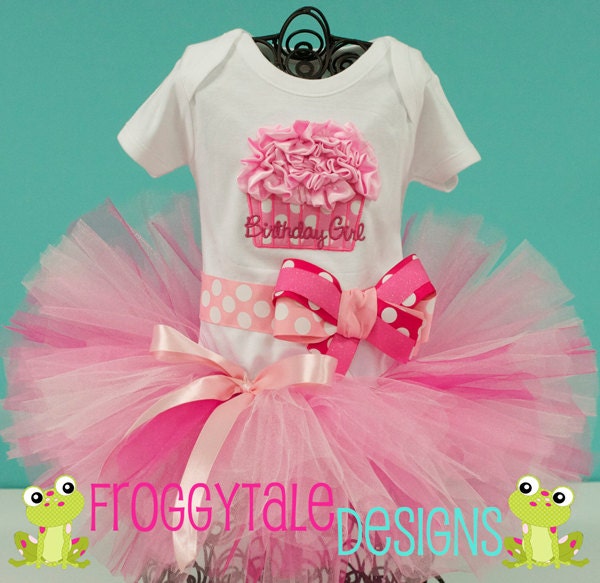 BIRTHDAY PERSONALIZED Pink Ruffle Cupcake Bodysuit Onesie or Toddler Shirt and Tutu Outfit in All Pinks for Little Baby Girls - CUSTOM
