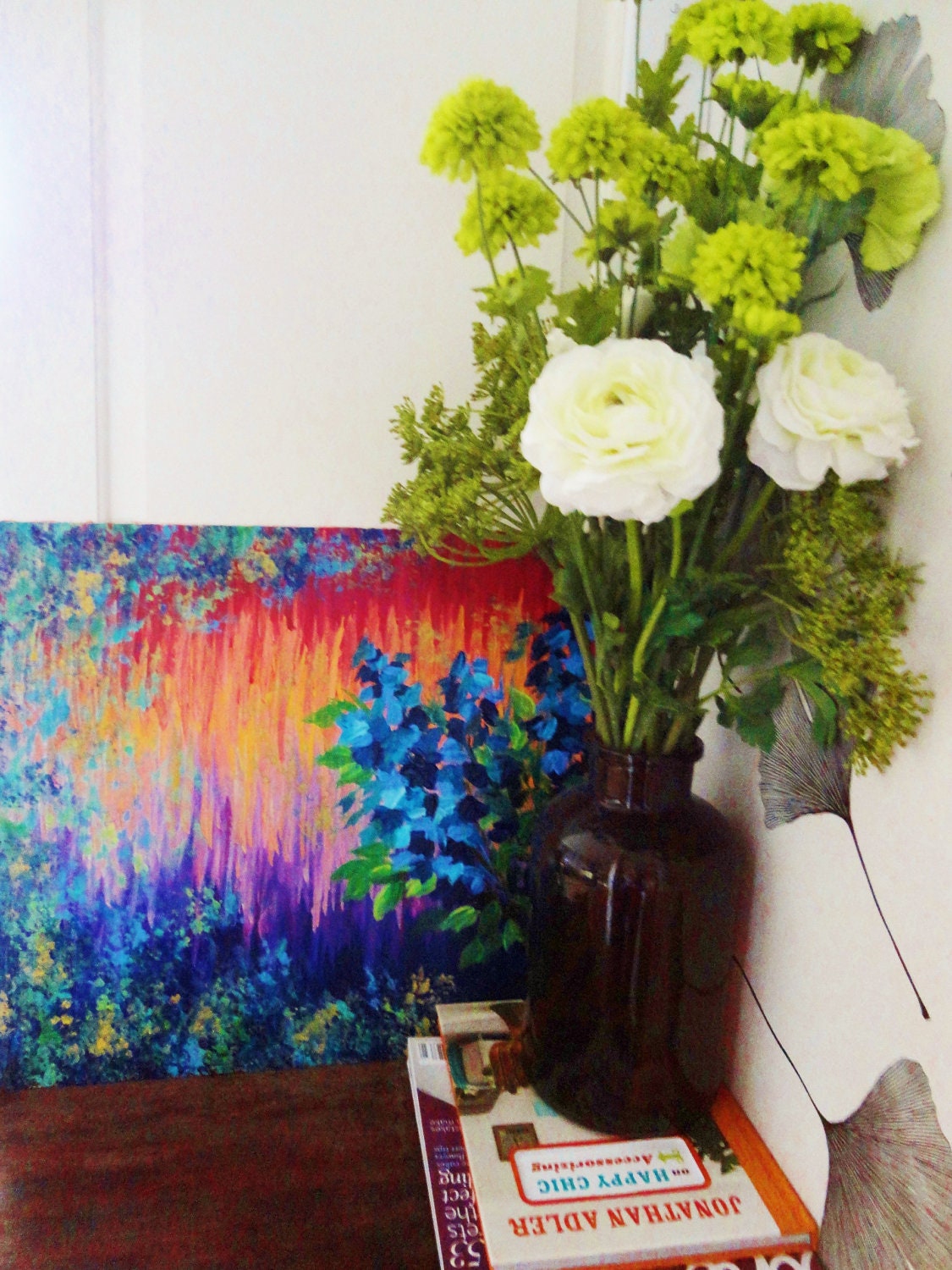 SALE - Original Acrylic Floral Painting 16 x 20 FREE SHIPPING Bold Vibrant Colours Rainbow Ombre Effect Royal Blue Flowers Red Peach Purple