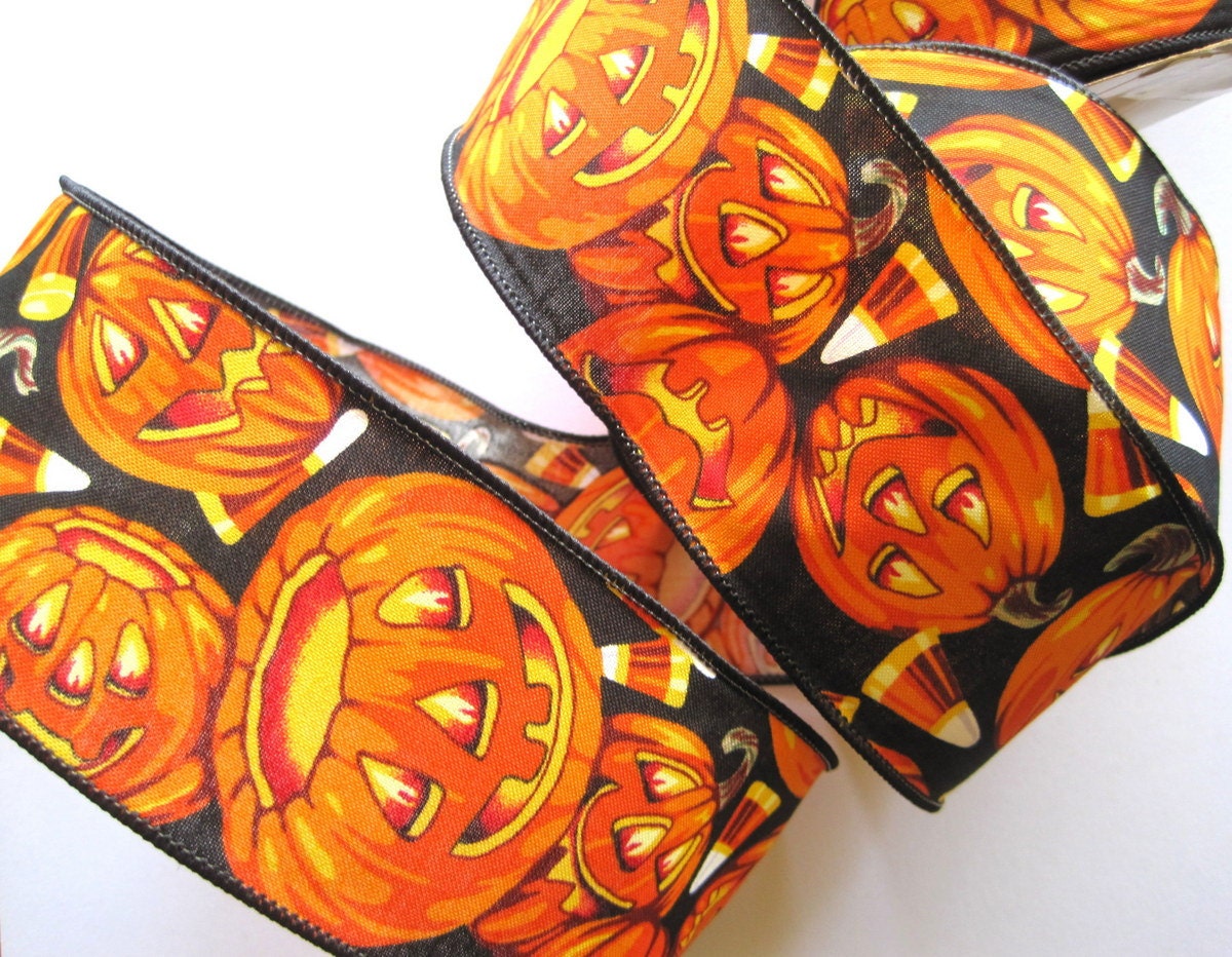 Spooky Pumpkin Halloween Ribbon,  Wired, Orange / Black, 2 1/2" inch wide, 1 yard, For Home Decor, Gift Baskets, Children Crafts