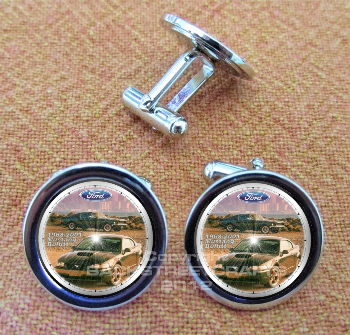 1968 and 2001 Mustang Bullitt FORD Nickel Plated Cuff Link Pair Free gift Box Weddings  Christmas Quickship Under 20.00