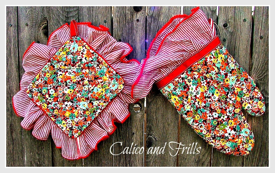 Gift set- Colorful Red and White Oven Mit and Hot Pad for Stylish Dinners