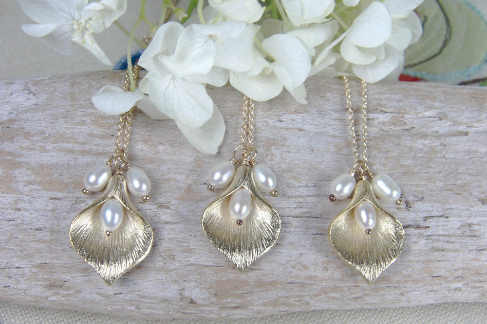 Set of Three Calla Lilly Bridesmaid Necklaces - Gold Pearl Necklaces