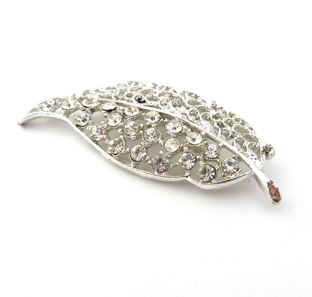 Rhinestone Leaf Brooch - White Rhinestone Pin - TheOpenSesame