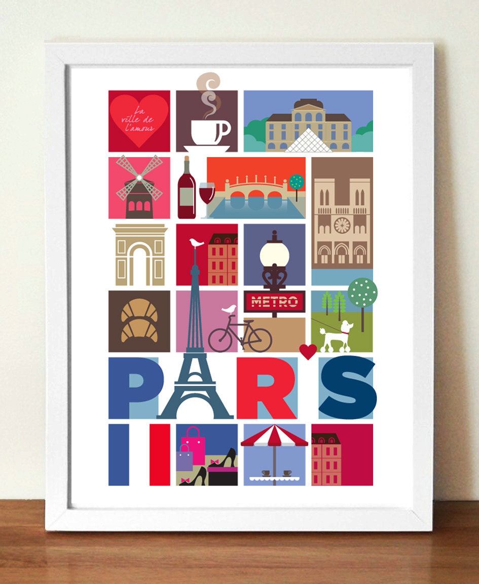 Paris Poster print, mid-century style souvenir poster, 11.7 x 16.5in (A3) giclee print