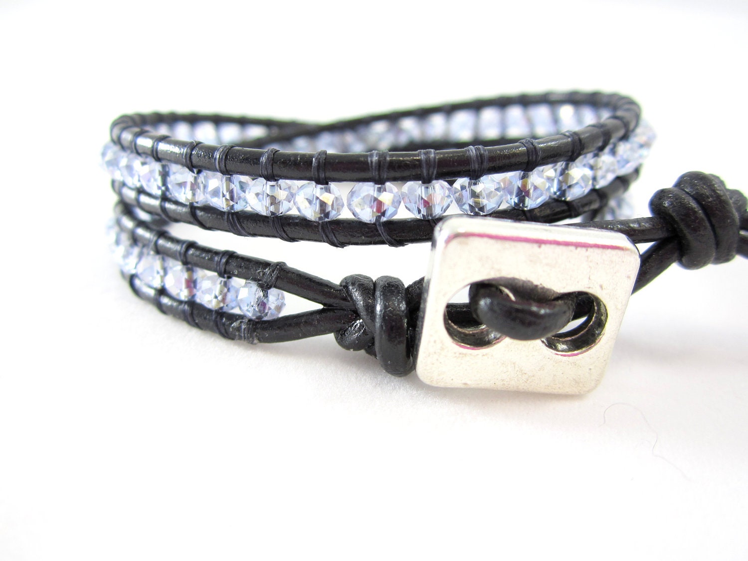 Black Leather Wrap Bracelet Crystal Beaded Leather Wrap Silver Button Gray Purple Crystal Beads 2x Wrap Handmade Rustic Jewelry