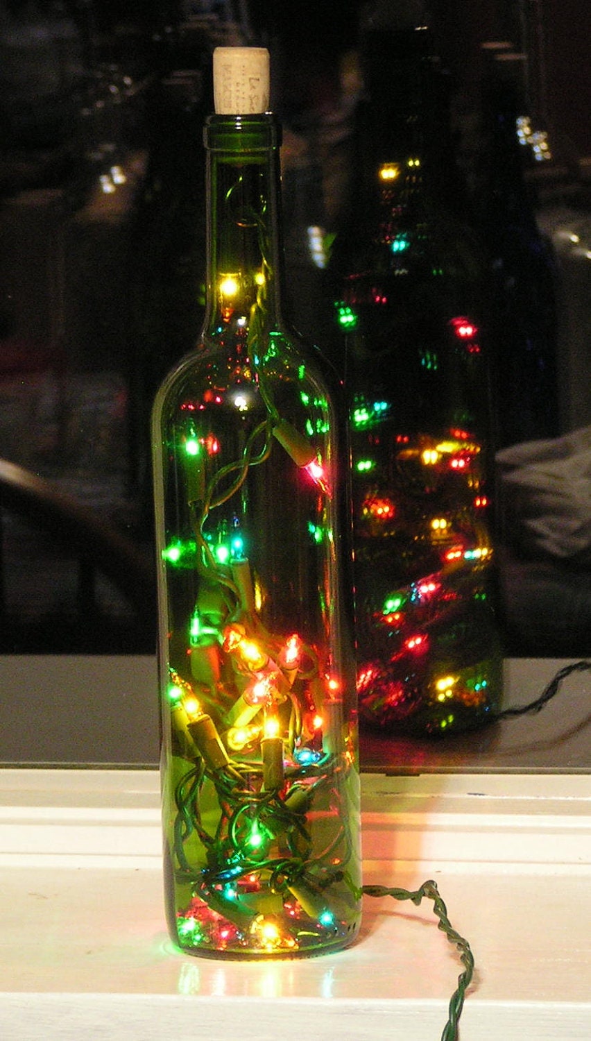 Green Wine Bottle Light with multi-colored Christmas by vtbrownjs