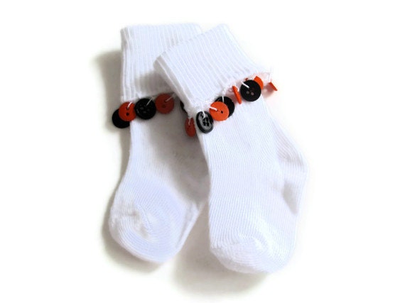 Crocheted Baby Socks with Buttons-Halloween-orange and black