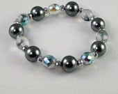 Pewter Grey Glass Pearl Stretch Bracelet with Hints of Purple, Green, Blue