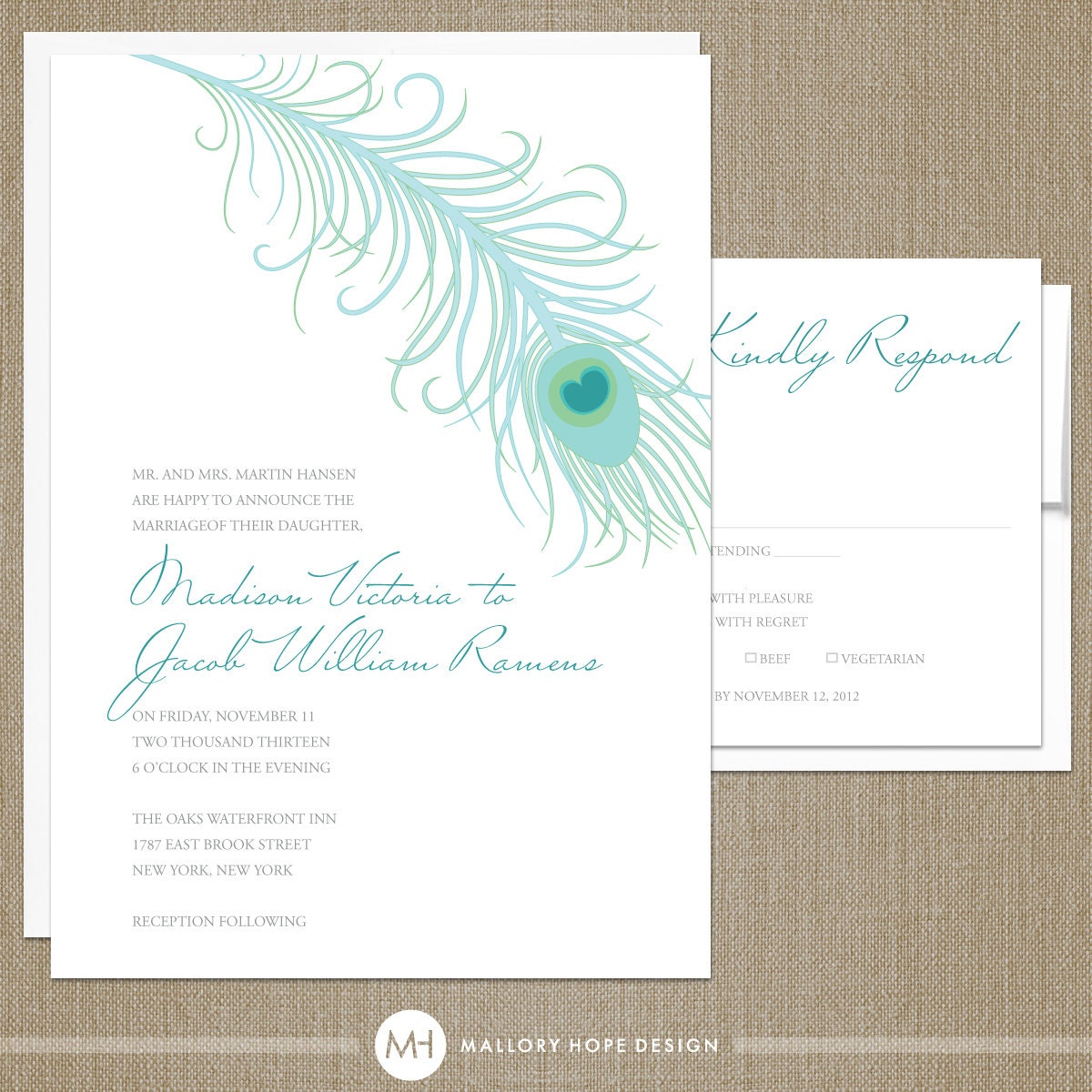 Peacock Feather Modern Wedding Invitation & RSVP Set - CUSTOMIZE Colors and Content - Digital Files OR Printed Sets