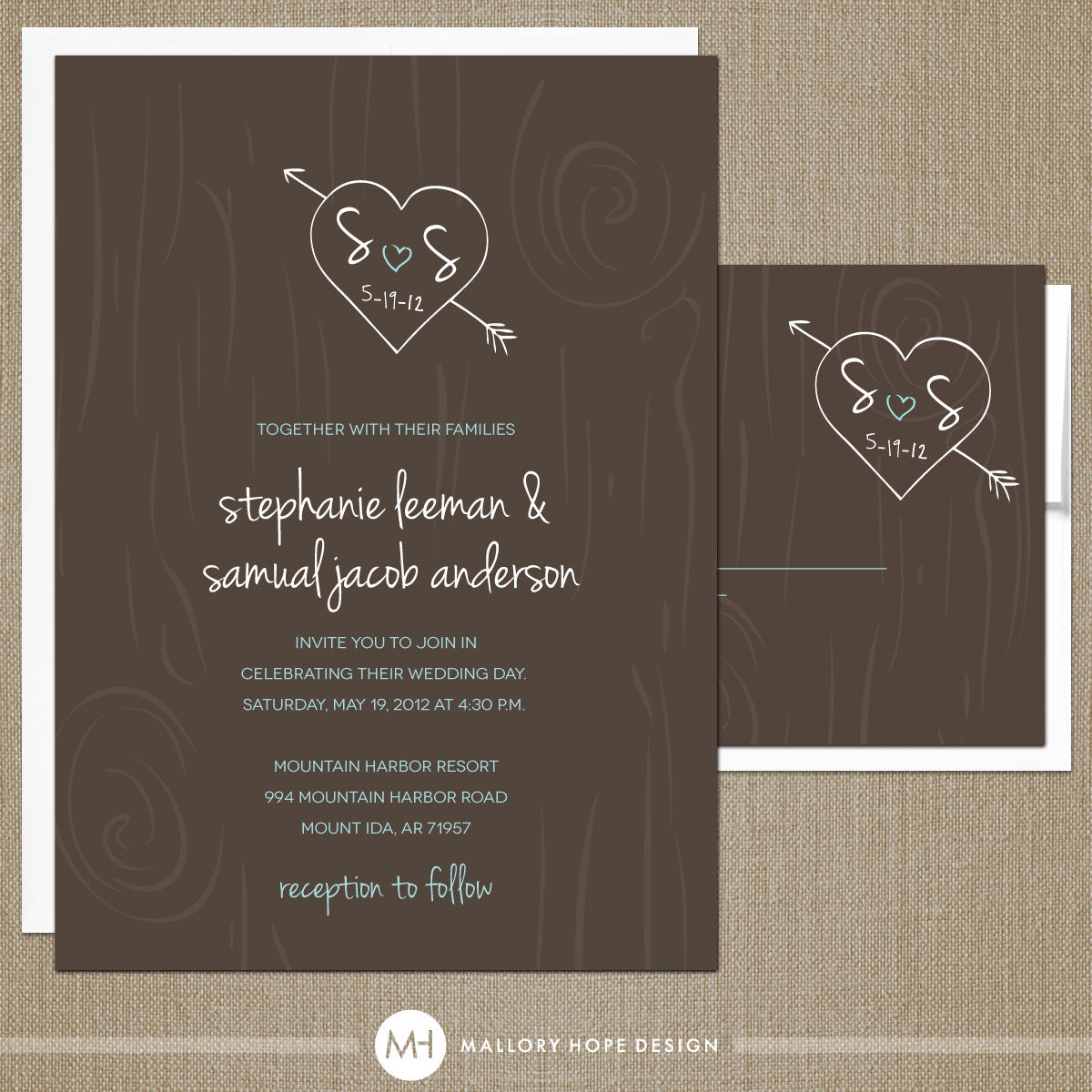 Initials Tree Carving Modern Wedding Invitation & RSVP Set - CUSTOMIZE Colors and Content - Digital Design Files