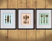 Kitchen Art Print - Damask Art, Dining Utensils, Cooking Utensils - Set of 3 - 8X10 - Mint Green, Pink, Sky Blue, Brown- No. KB006-3