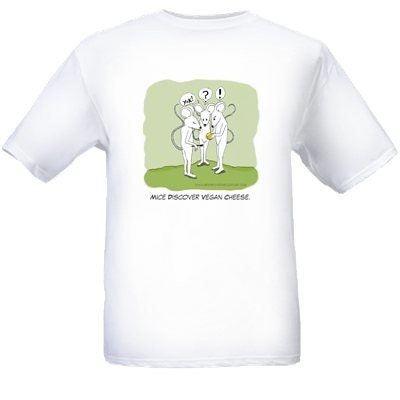 Humorous Vegan t-shirts - Mice discover vegan cheese comic on white ring spun cotton t-shirt.