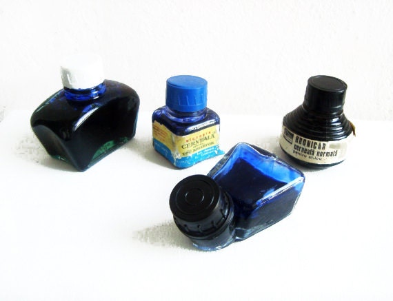 RARE SET of 4 Ink Pots - Vintage collection of four Ink Pots WITH Ink, Romanian 1973 Ink Pots