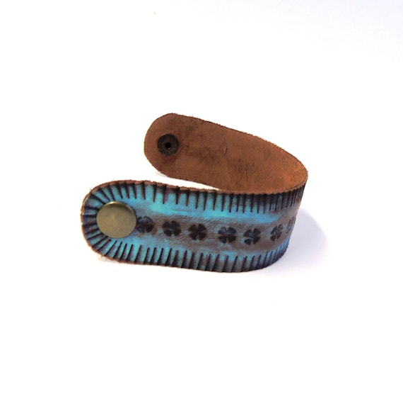 Leather floral bracelet turquoise and brown genuine leather cuff