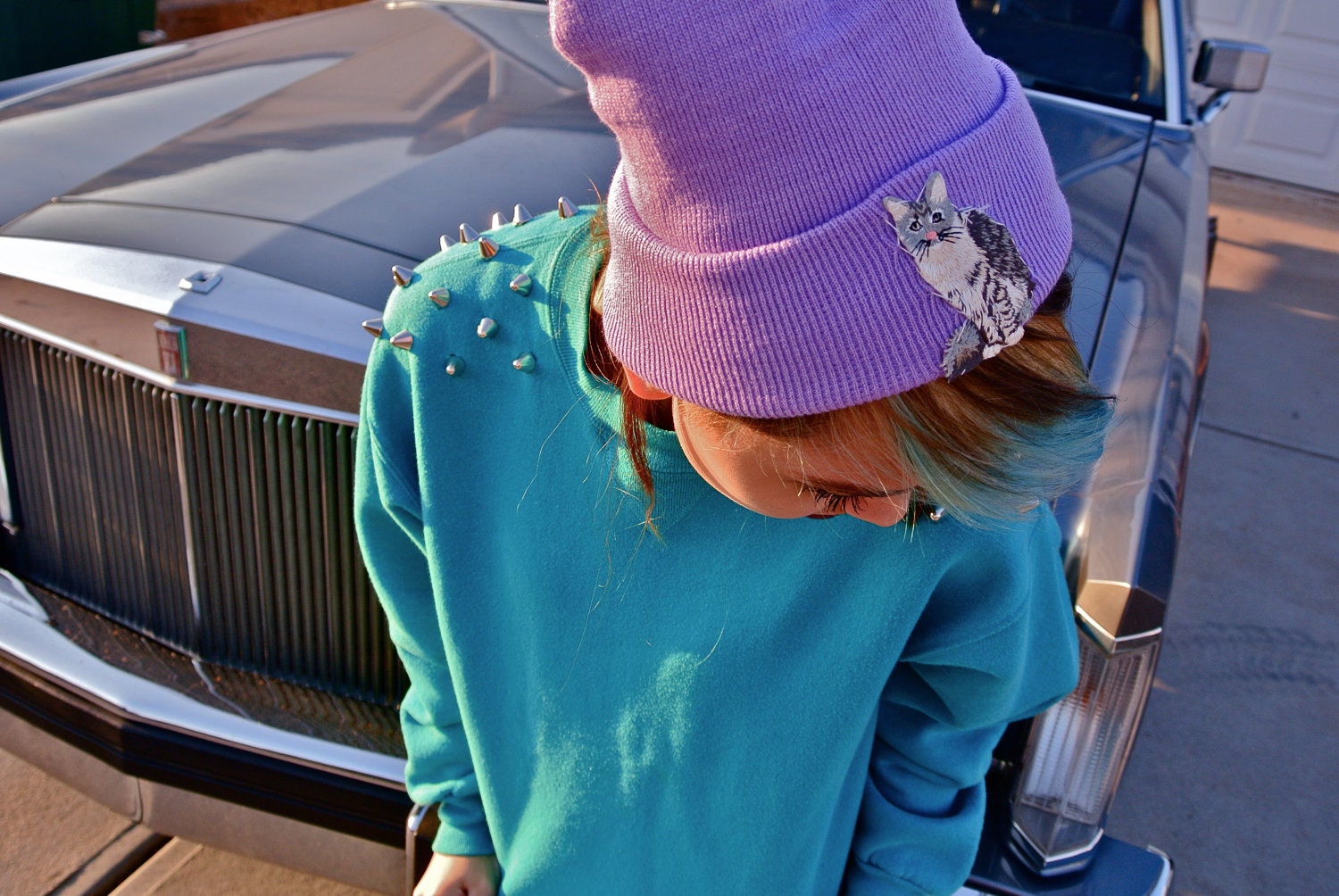 Lavender Kitty Cat Hipster Hand Patched Beanie