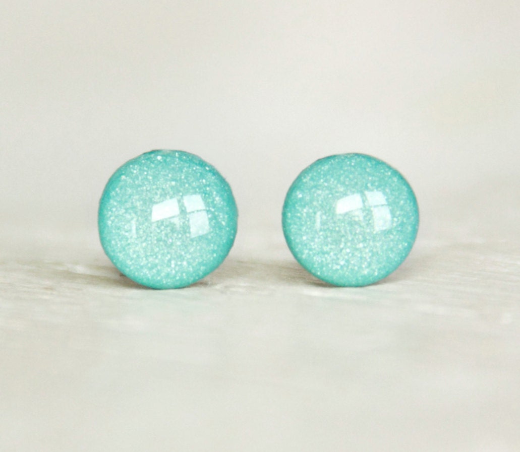 TIFFANY BLUE - Stud Earrings - Small Round Earrings in Shimmer Tiffany Blue - Summer Spring Wedding Earrings by EarSugar