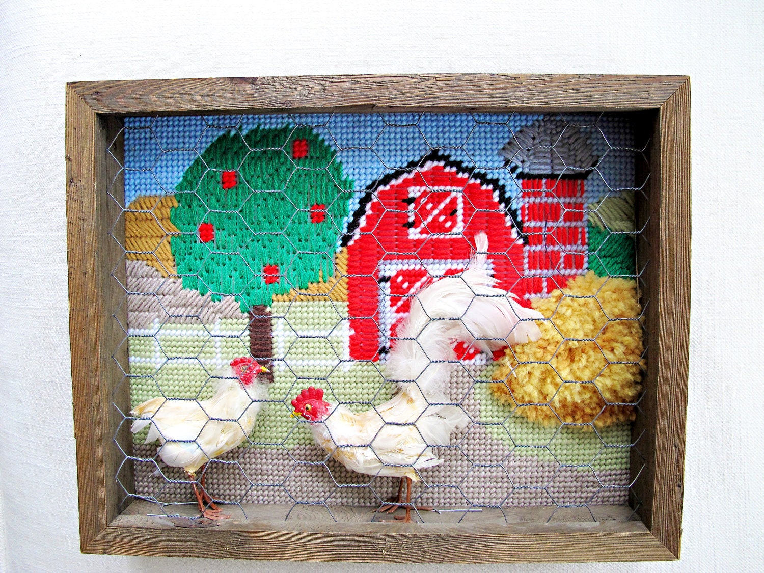 chicken butt - vintage folk art chicken in shadowbox, needlepoint, farm, folk art, ooak, art